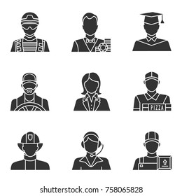 Professions glyph icons set. Occupations. Soldier, croupier, graduate student, driver, office worker, center operator, loader, firefighter, deliveryman. Silhouette symbol Vector isolated illustration