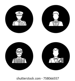Professions glyph icons set. Occupations. Policeman, soldier, croupier, office worker. Vector white silhouettes illustrations in black circles