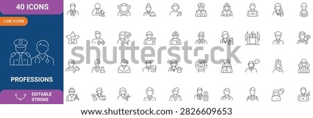 Professions icon set. Containing Career people, People avatars, characters staff, professions, people profession, and more. Outline Icon. Vector illustration and Editable stroke
