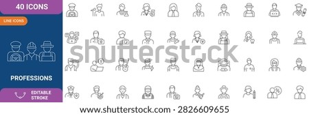 Professions icon set. Containing Career people, People avatars, characters staff, professions, people profession, and more. Outline Icon. Vector illustration and Editable stroke