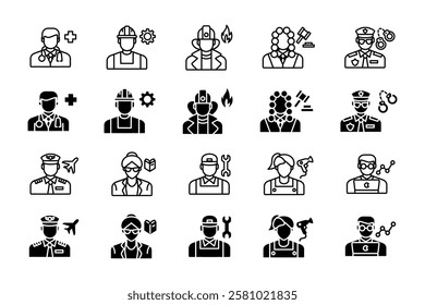 Professions icon set. Doctor, construction worker, firefighter, and judge sign. Police officer, pilot, teacher, and mechanic symbol. Hairdresser and data analyst pictogram. Career illustration.