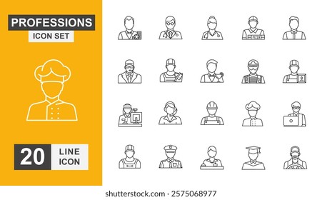 Professions icon set. Doctor, engineer, chef, driver, nurse, teacher and more line icons