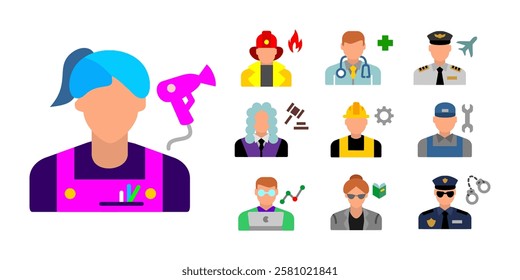 Professions icon set. Hairdresser, firefighter, doctor, and pilot sign. Judge, construction worker, and mechanic symbol. Data analyst, teacher, and police officer pictogram. Career illustration.