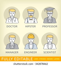 Professions icons. Doctor, hipster professor manager engineer and scientist. Editable stroke vector logo concept for web graphics. Beige background.