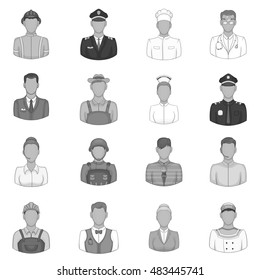 Professions icons set in black monochrome style. People activities set collection vector illustration