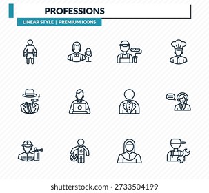 conjunto de ícones de profissões - boxer, showman, tintureiro, telemarketer, coleção de vetor de contorno de encanador.