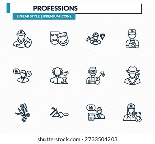Conjunto de iconos de profesiones: bombero, actor, minero, cazador, pediatra, colección de Vector de contorno.