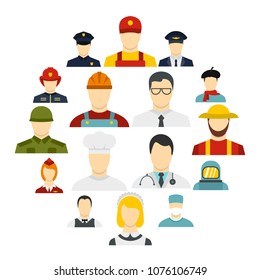 Professions icons set in flat style. People activities set collection vector illustration