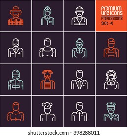 professions icons set, people occupations, business, workers, employee, linear people icons isolated vectors on black background