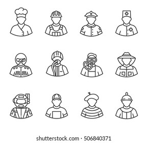 Professions icons set. People of various professions, thin line design. People in uniform, linear symbols collection. isolated vector illustration.
