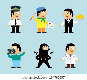 Professions icons set of pilot artist waiter photographer ninja doctor vector illustration