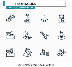 Professions Icons Set - Podiatrist, Baumeister, Regisseur, Geschäftsmann, Windturbinentechniker skizzieren Vektorgrafik-Kollektion.