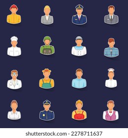 Professions icons set stikers collection vector with shadow on purple background