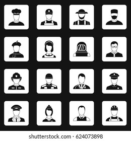 Professions icons set in white squares on black background simple style vector illustration