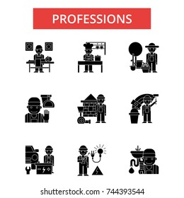 Professions illustration, thin line icons, linear flat signs, vector symbols, outline pictograms set, editable strokes