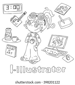 the professions illustrator in alphabetical order cartoon hand drawn outline for coloring adult isolated on the white background