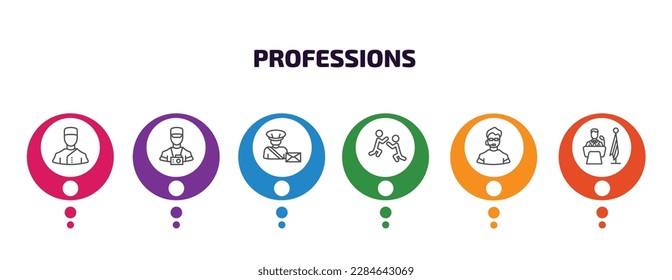 professions infographic template with icons and 6 step or option. professions icons such as concierge, photographer, postman, wrestling, bouncer, president vector. can be used for banner, info
