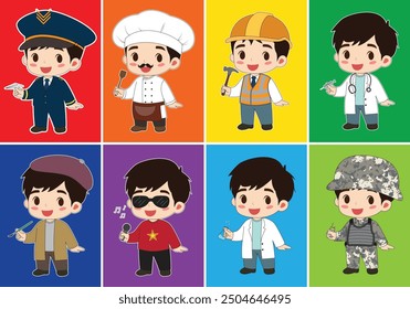 Professions isolated cartoon set. Vector airplane pilot, chef, laboratory assistant scientist, road worker, soldier, singer, doctor and artist.