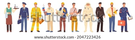 Professions isolated cartoon set. Vector airplane pilot, architect-engineer, repairman and waiter, laboratory assistant scientist, road worker, astronaut and programmer. Driver and ambulance workers