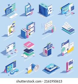 IT professions isometric icons set with support symbols isolated vector illustration