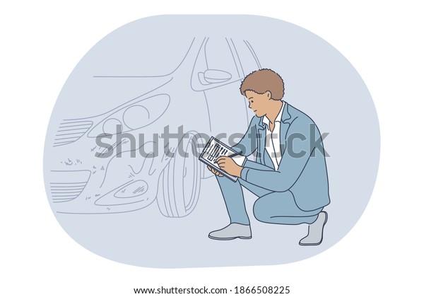 Professions, job, career in insurance\
company concept. Young man professional insurance appraiser in suit\
sitting writing information about car accident. Job specialist,\
working sphere\
illustration