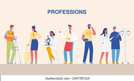 Professions, Jobs Flat Vector Illustrations Set. Cartoon Characters of Different Occupation. Female Scientist with Microscope. Doctor, Surgeon in Uniform. Pilot, Stewardess. Handyman, Builder. Cook