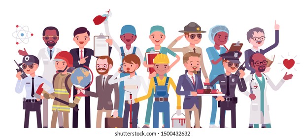 Professions and jobs, men occupations for career. Different employment, service for working, male professional development training. Vector flat style cartoon illustration isolated on white background
