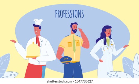 Professions, Jobs Vector Web Banner with Text. Cartoon Characters of Different Occupation. Female Doctor, Nurse. Pilot, Airline Captain. Male Chef Cook Holding Plate. Blue Plant Leaves
