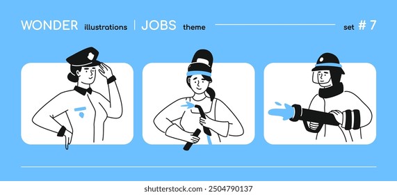 Profesiones y trabajos para mujeres - ilustración de estilo de diseño de línea con espacio de copia para texto. Composición con el policía en una gorra, soldador en una máscara protectora, bombero con una manguera y agua. Feminismo