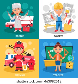 Professions for kids 2x2 flat design concept with doctor fireman teacher and worker cartoon square compositions vector illustration 