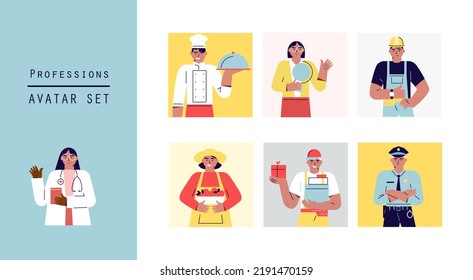 Professions. Labor Day. large people diverse workers of various professions and specialists. Modern flat vector cartoon illustration concept for banner, poster, layout. Cook, police, doctor, teacher.