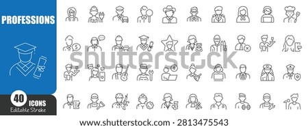 Professions Line Icons Set - Editable Stroke Occupation and Career Outline Avatar Collection for Business, Healthcare, Education, Construction and Service