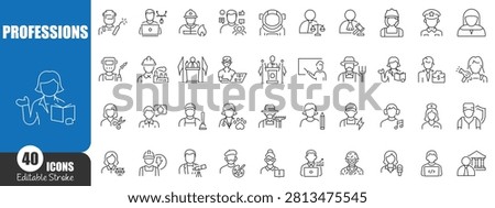 Professions Line Icons Set - Editable Stroke Occupation and Career Outline Avatar Collection for Business, Healthcare, Education, Construction and Service