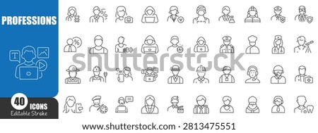 Professions Line Icons Set - Editable Stroke Occupation and Career Outline Avatar Collection for Business, Healthcare, Education, Construction and Service
