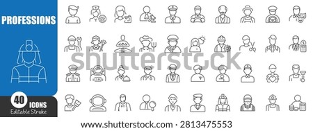 Professions Line Icons Set - Editable Stroke Occupation and Career Outline Avatar Collection for Business, Healthcare, Education, Construction and Service