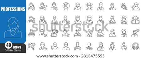 Professions Line Icons Set - Editable Stroke Occupation and Career Outline Avatar Collection for Business, Healthcare, Education, Construction and Service