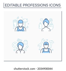 Professions line icons set. Nanny, janitor, pharmacist and handyman. Various professions. Important jobs. Career concept. Isolated vector illustrations.Editable stroke