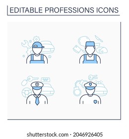 Professions line icons set. Taxi driver, policeman, auto mechanic, butcher. Various professions. Important jobs. Career concept. Isolated vector illustrations.Editable stroke