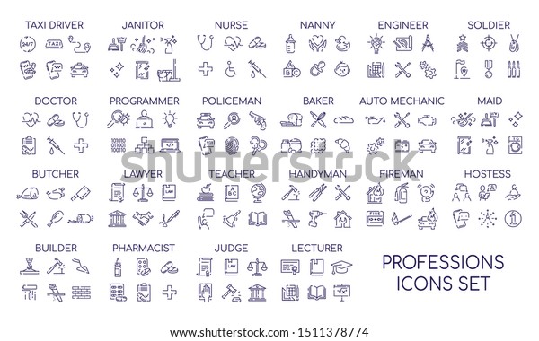 Professions linear big icons set.\
Occupations items and objects. Career thin line contour symbols\
collections. Professional workers tools and equipment bundle.\
Isolated vector outline\
illustrations