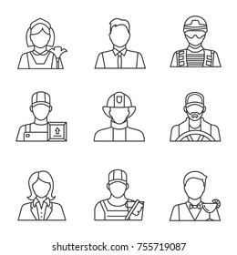 Professions linear icons set. Occupations. Maid, barman, office worker, soldier, loader man, firefighter, driver, secretary, cleaner. Thin line contour symbols. Isolated vector outline illustrations