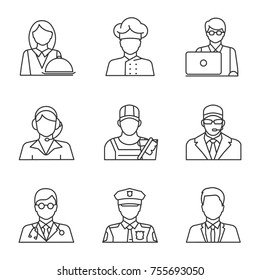 Professions linear icons set. Waitress, cook, IT technologist, call center operator, cleaner, bodyguard doctor, policeman, office worker. Thin line contour symbol. Isolated vector outline illustration