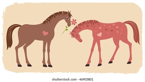 Professions of love - two horses in love. Vector without gradients.