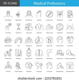 Professions in medicine a set of line icons in vector includes cardiac surgeon and andrologist, podiatrist and bacteriologist, pathologist and phoniatrist, reflexology and pulmonology, mammologist.