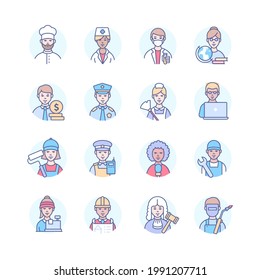 Professions - modern colorful line design style icons. Male and female specialists. Cook, doctor, teacher, business person, police officer, cleaner, programmer, mechanic, architect, judge, welder