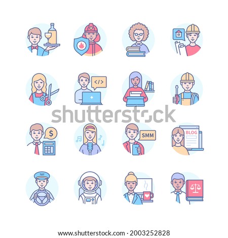 Professions - modern colorful line design style icons. Male and female specialists. Waitperson, firefighter, librarian, architect, hairdresser, electrician, singer, blogger, taxi driver, lawyer