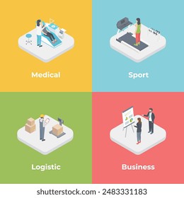 Professions modern style set. Isometric occupations with doctor ang patent, athlete or coach, warehouse worker, business peorle. Clinic, gym, logistic delivery and office consept on color background.