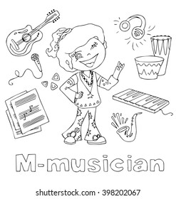 the professions musician in alphabetical order cartoon hand drawn outline for coloring adult isolated on the white background