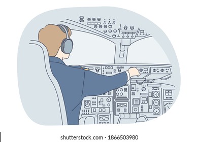 Professions, occupation, work concept. Man professional pilot in uniform cartoon character sitting and cabin and flying airplane during flight, rear view. Job, specialist, working sphere illustration 