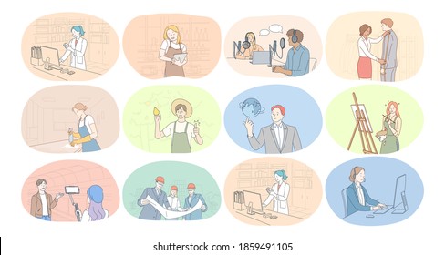 Professions, occupation, work, job, labor, business concept. People scientist waiter journalist tailor cleaner farmer teacher painter artist engineer manager pharmacist manager during work 