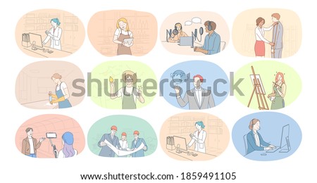 Professions, occupation, work, job, labor, business concept. People scientist waiter journalist tailor cleaner farmer teacher painter artist engineer manager pharmacist manager during work 